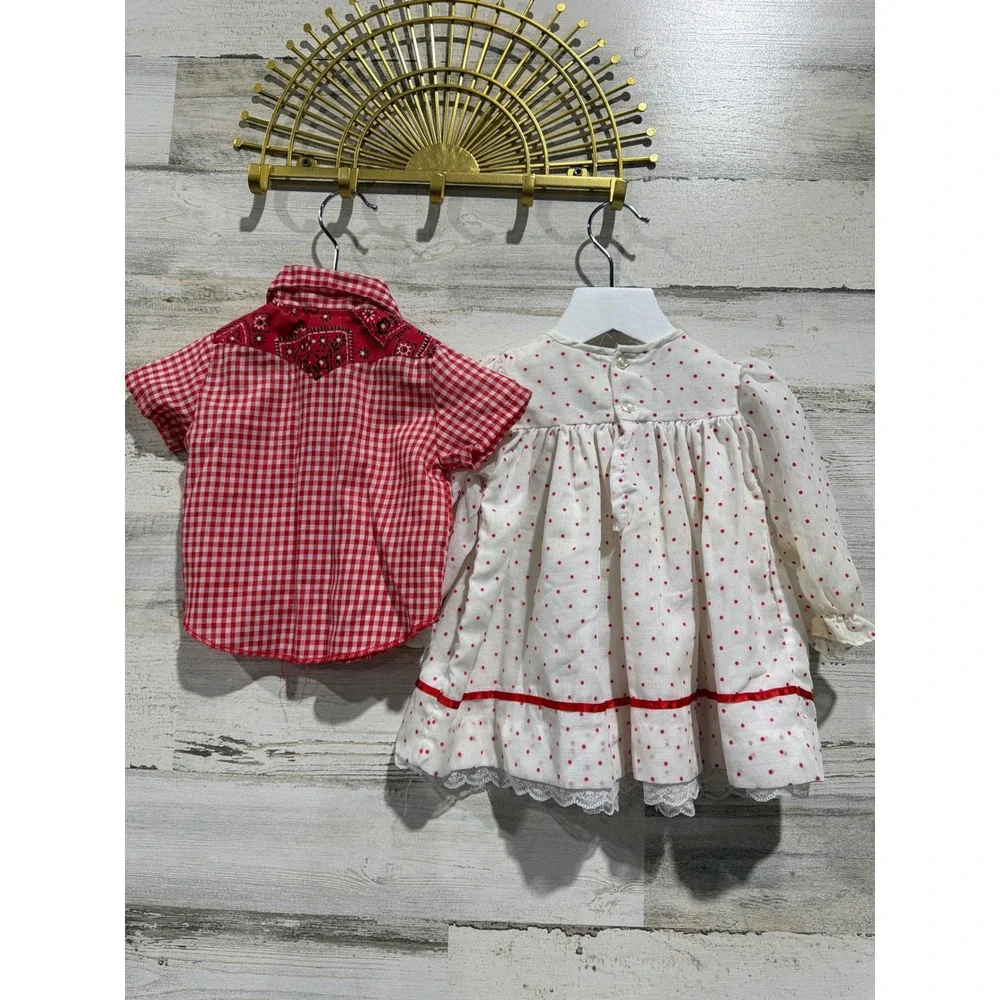 Vintage Bundle Peaches and Cream Western Shirt Dress Girls 12M Red White *Flawed